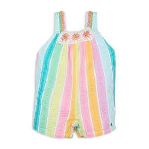 My Milestones Iris Handcrafted Crochet Detail Short Jumpsuit in Yarn-Dyed Rainbow Stripes Seersucker - Multicolour