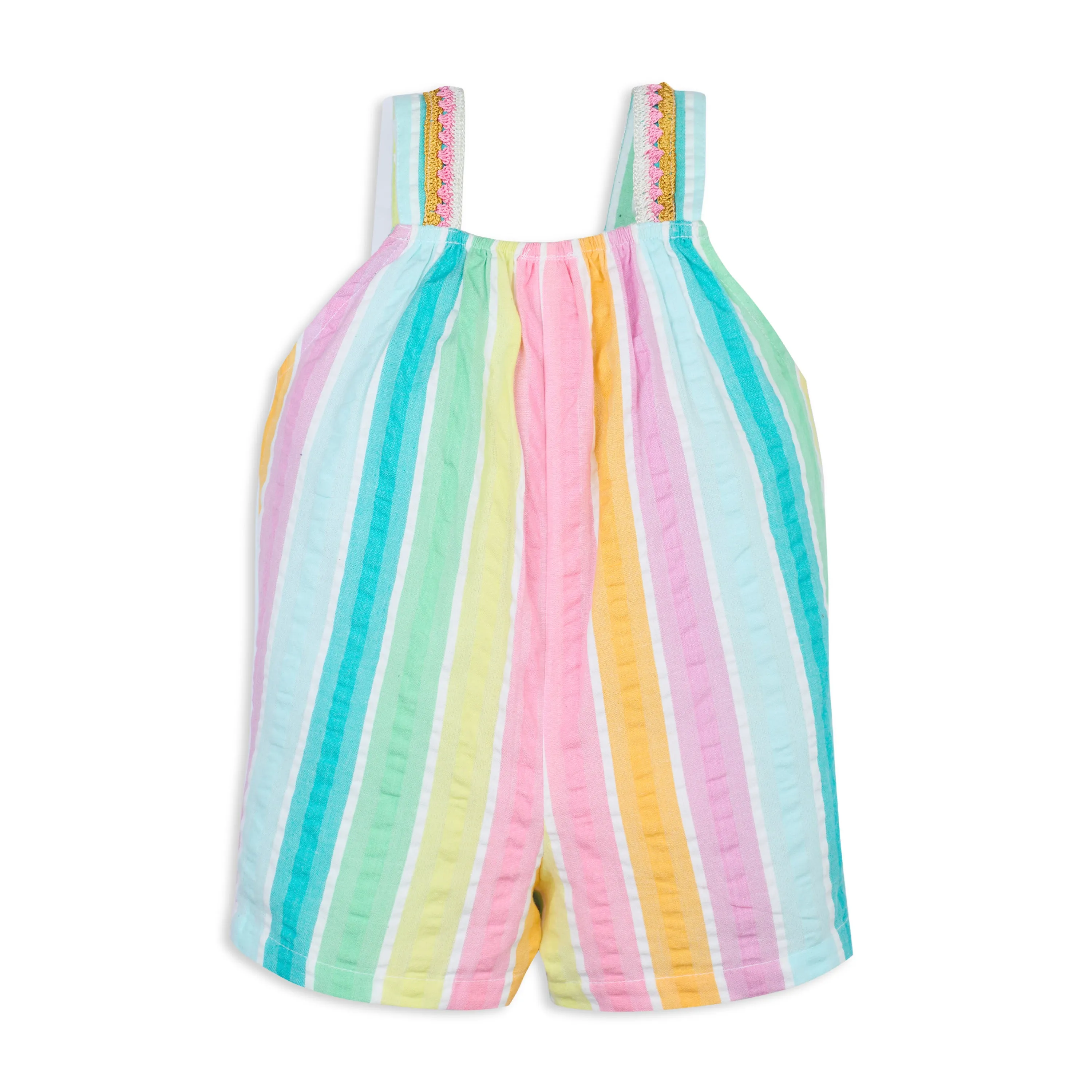 My Milestones Iris Handcrafted Crochet Detail Short Jumpsuit in Yarn-Dyed Rainbow Stripes Seersucker - Multicolour