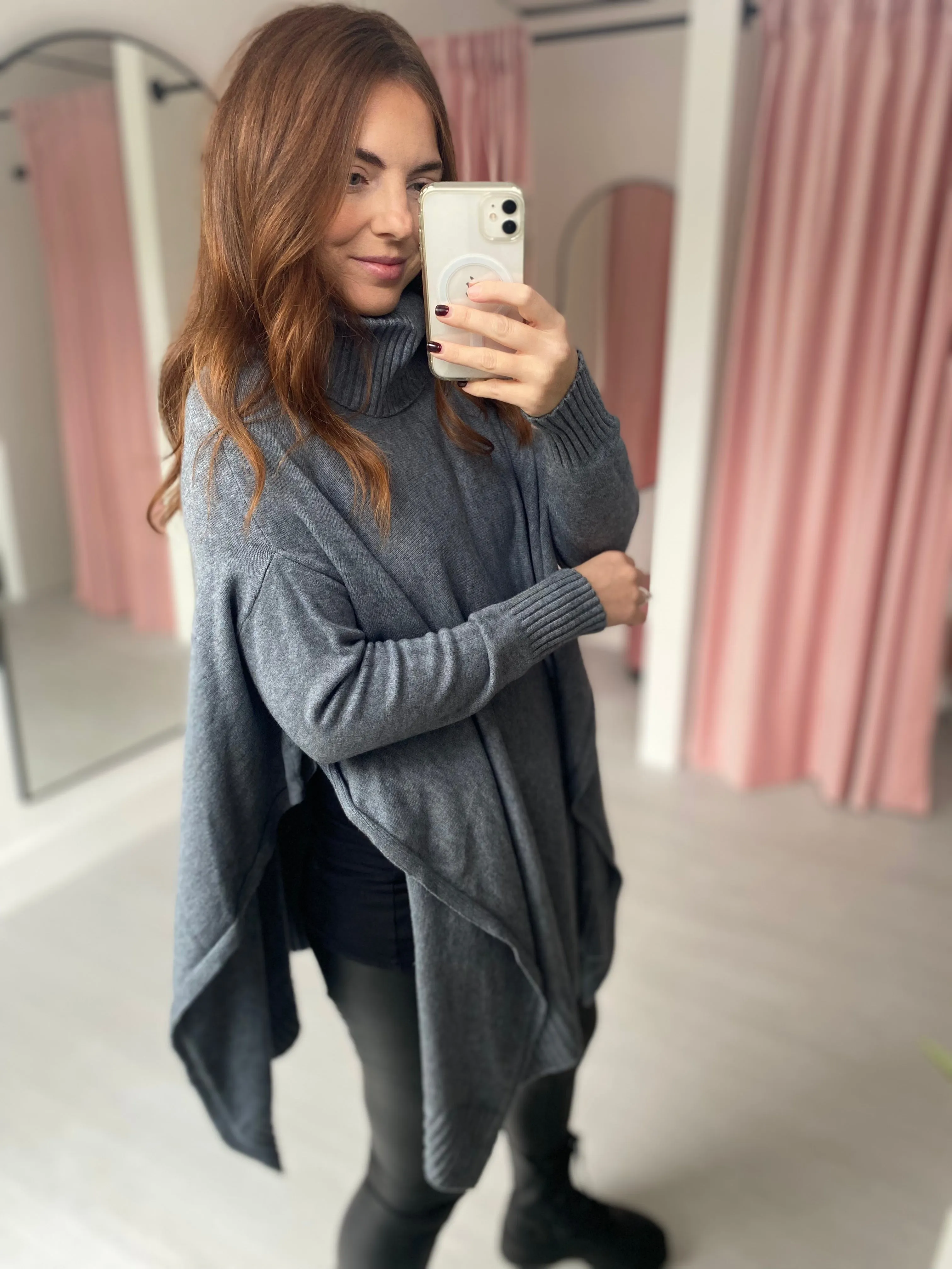 Poncho Roll Neck Jumper - Grey