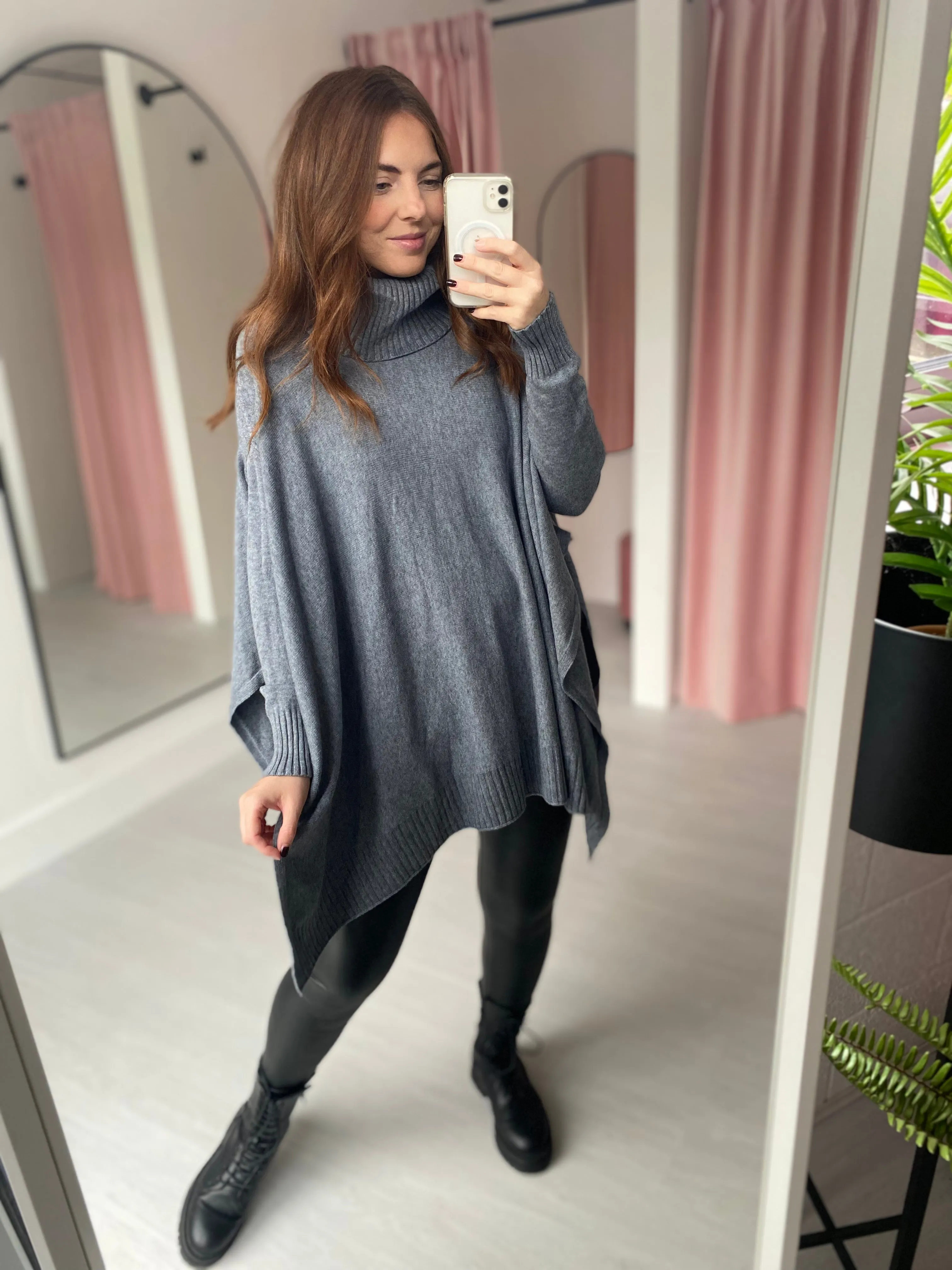 Poncho Roll Neck Jumper - Grey