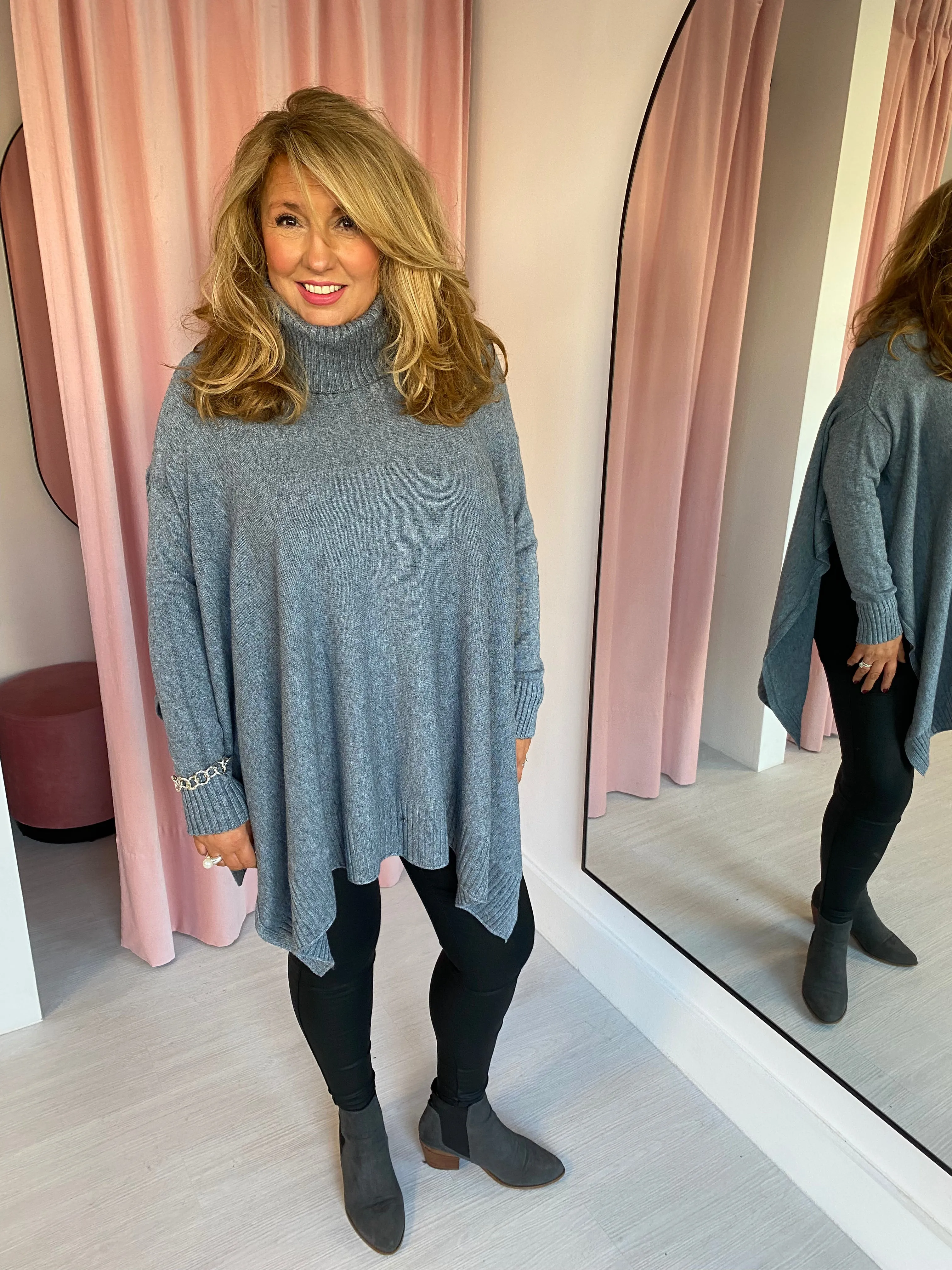 Poncho Roll Neck Jumper - Grey