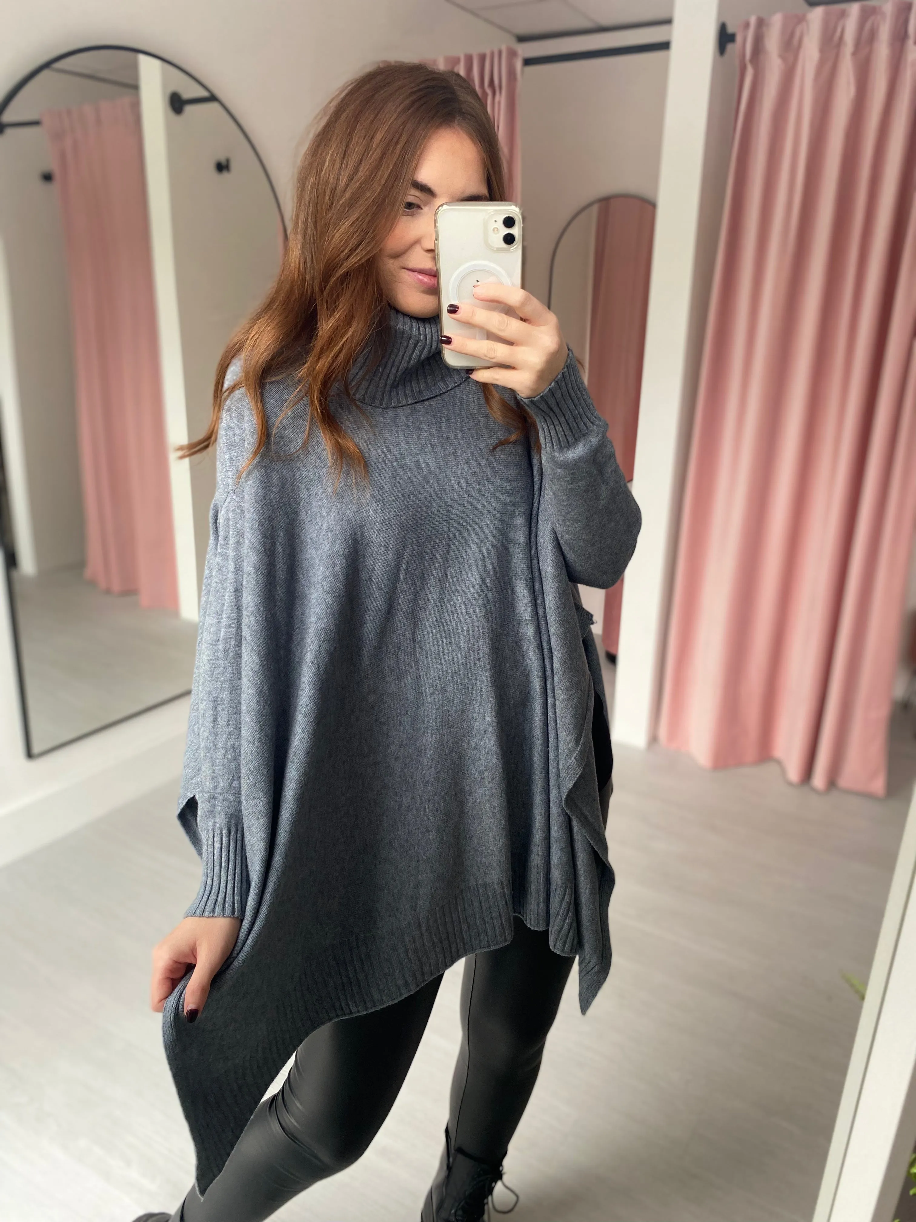 Poncho Roll Neck Jumper - Grey
