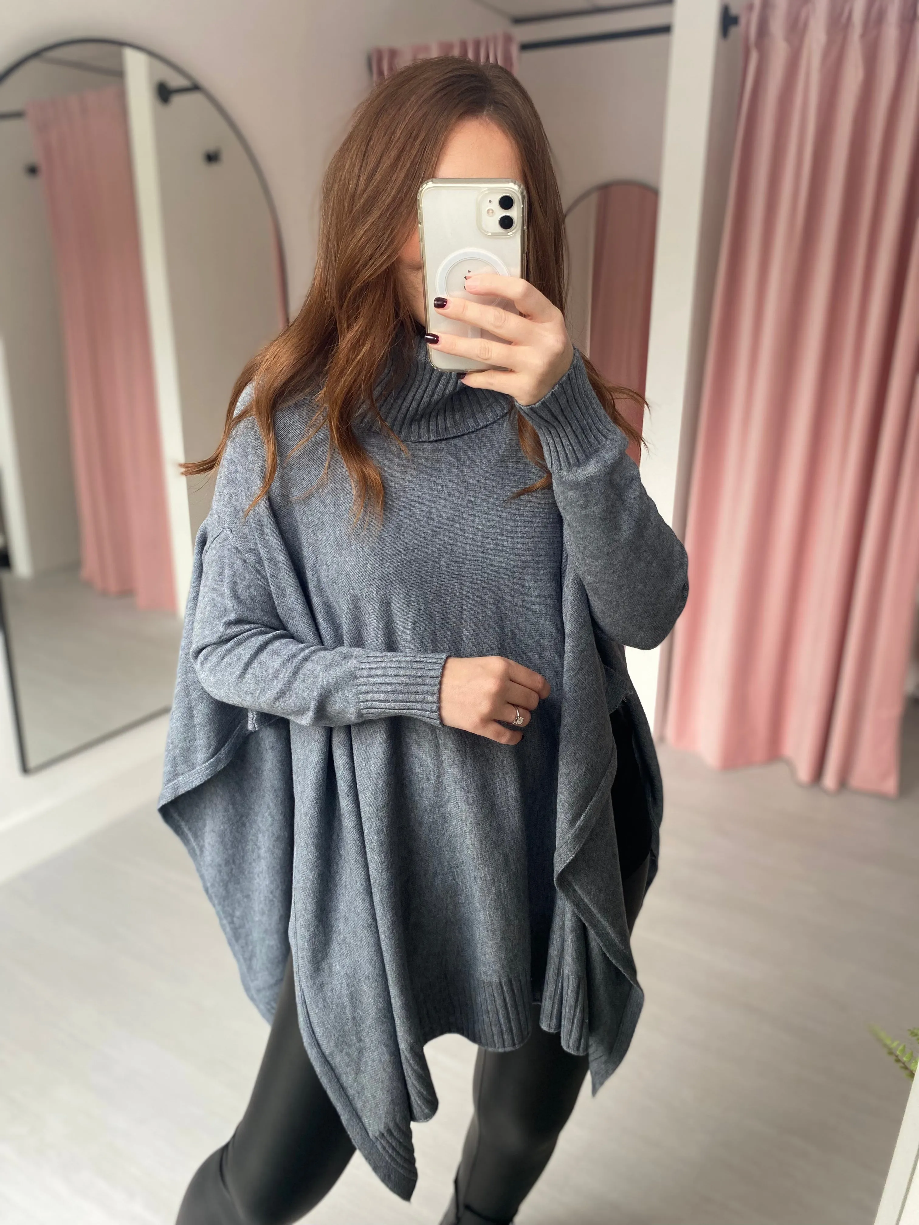 Poncho Roll Neck Jumper - Grey