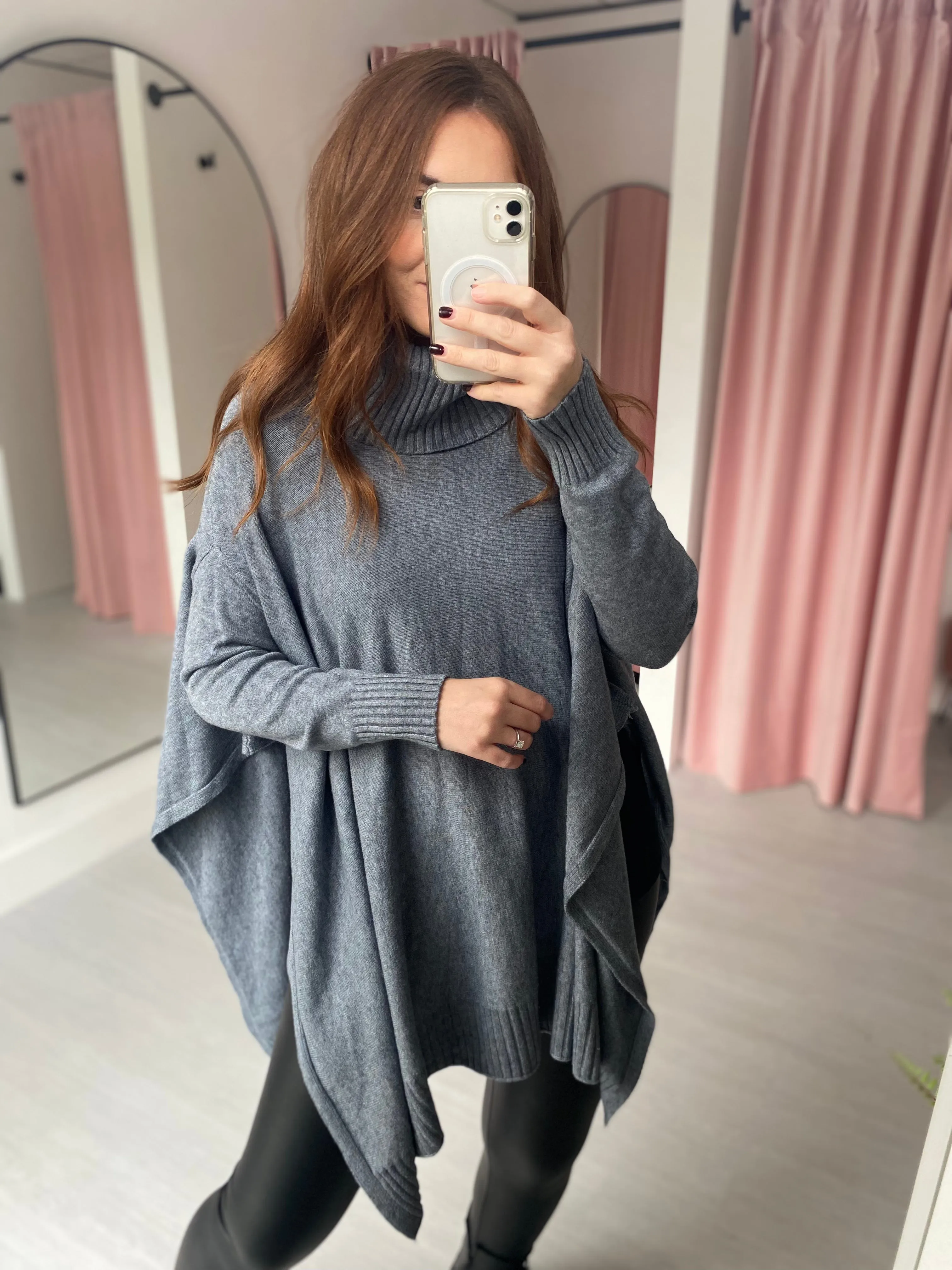 Poncho Roll Neck Jumper - Grey