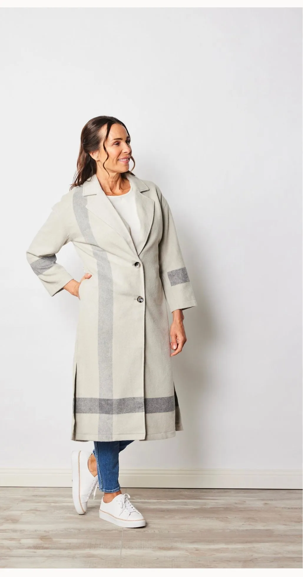 Stripe Detail LL Collared Coat - Stone/Grey