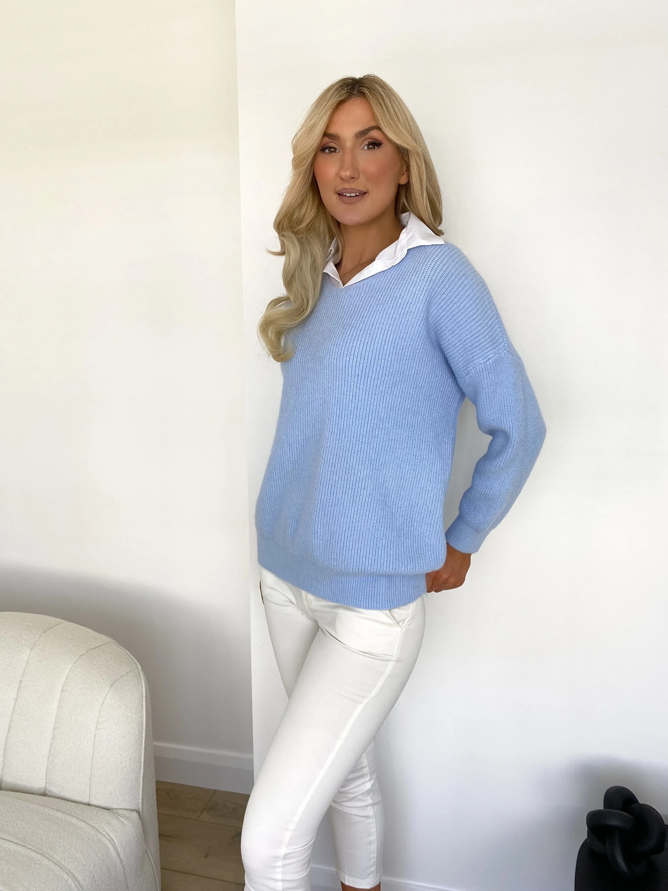Victoria Blue Jumper with Shirt Collar Detail