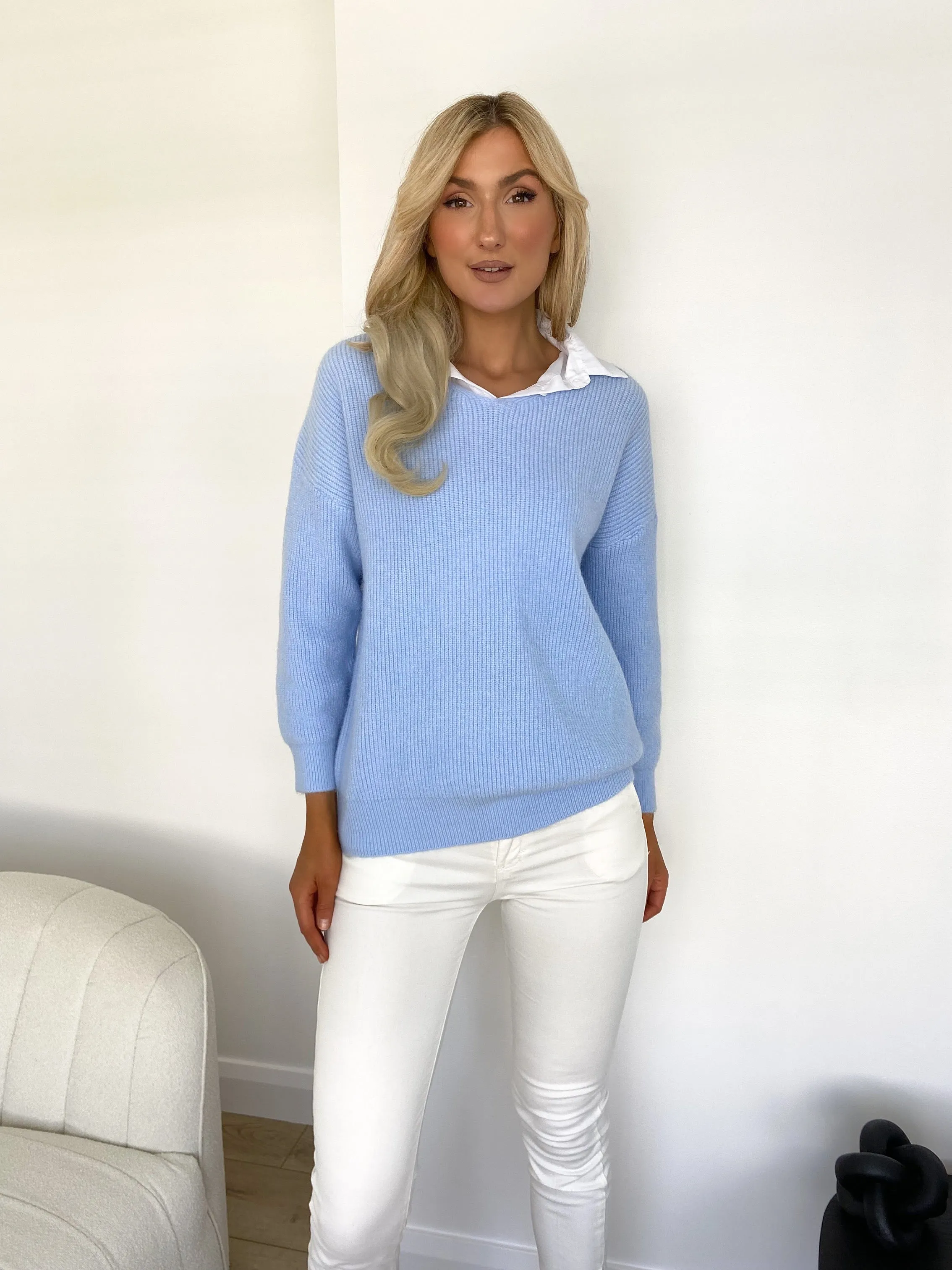 Victoria Blue Jumper with Shirt Collar Detail