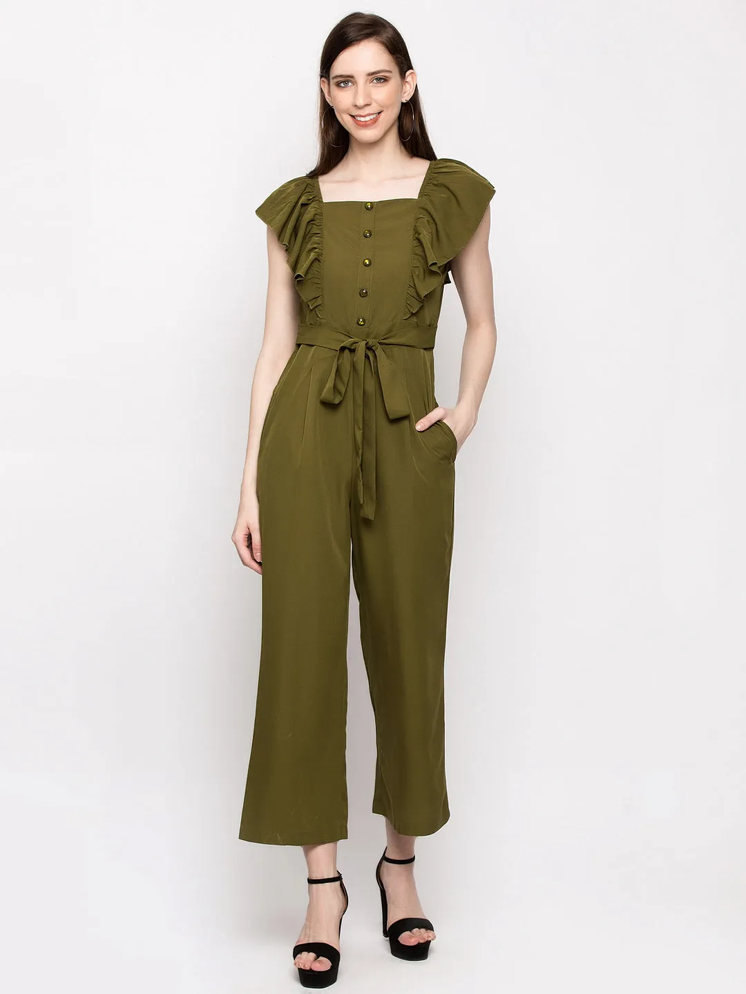Women Olive Green Solid Basic Jumpsuit